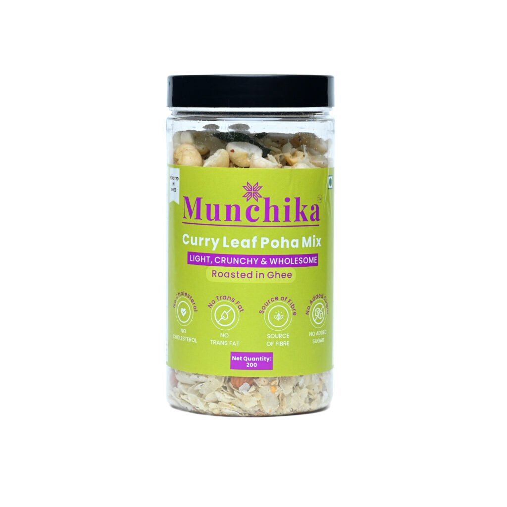 Munchika Curry Leaf Poha Mix – Healthy Roasted Snack | No Cholesterol, No Trans Fat, No Added Sugar | Fibre-Rich | 200g