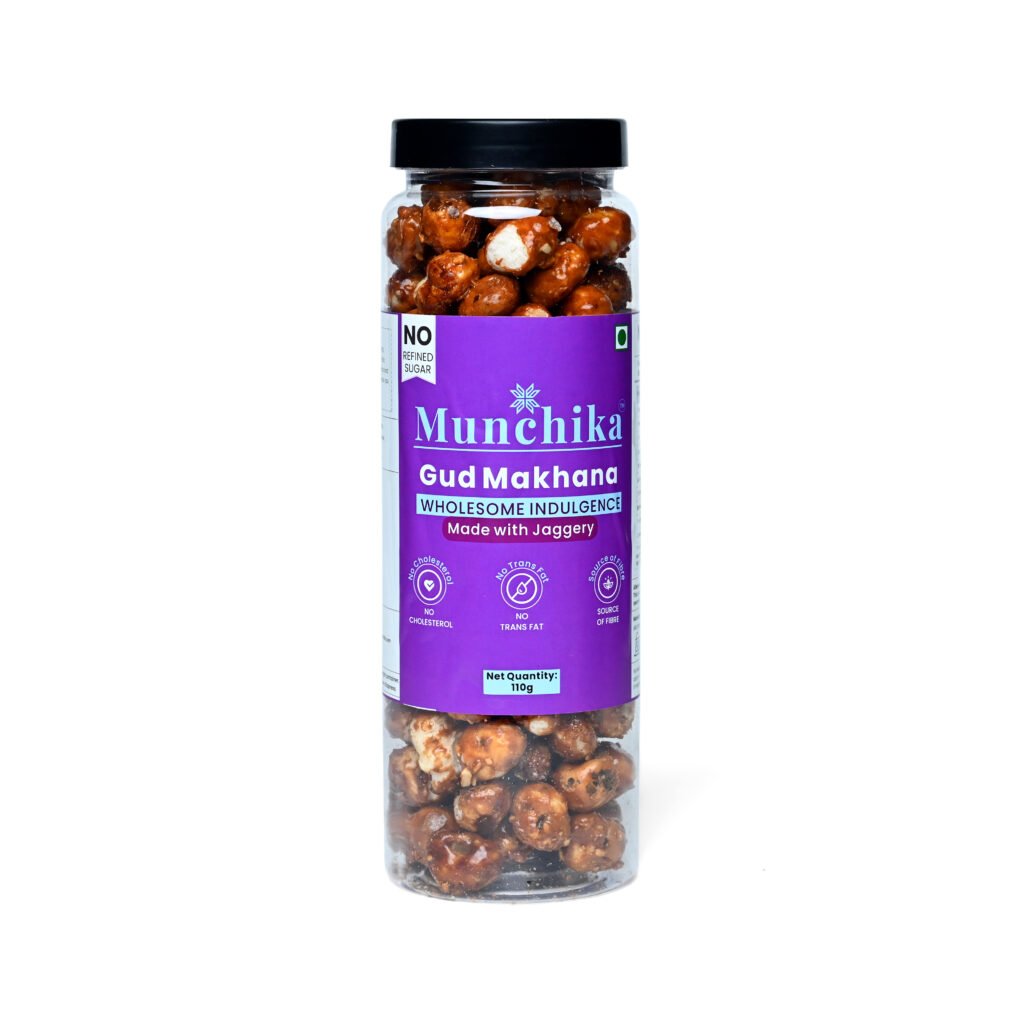 Munchika Gud Makhana (Jaggery Roasted Foxnuts) – 110g | Healthy, Guilt-Free Snack | No Cholesterol, No Trans Fat | Rich in Fibre