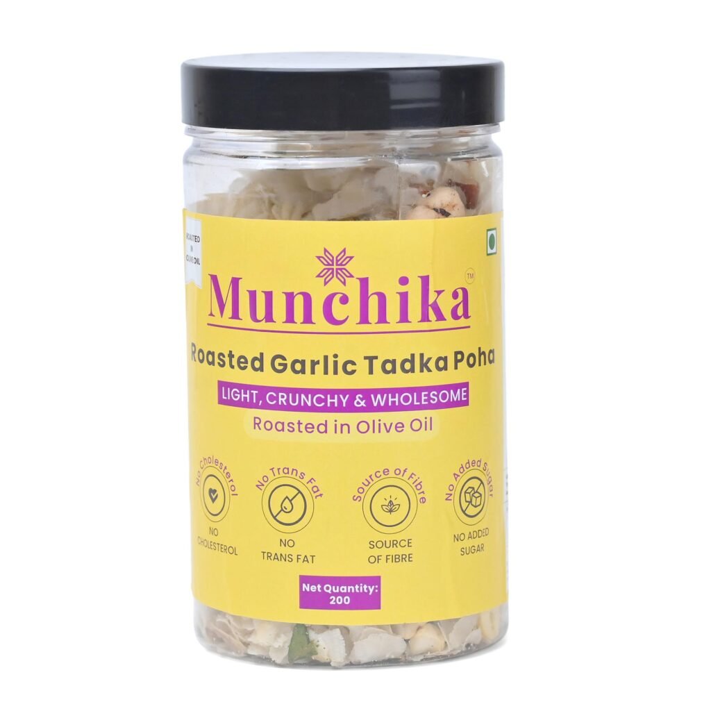 Munchika Roasted Garlic Tadka Poha – A Crunchy, Savoury Poha Mix with Almonds, Cashews and Makhana | 200g