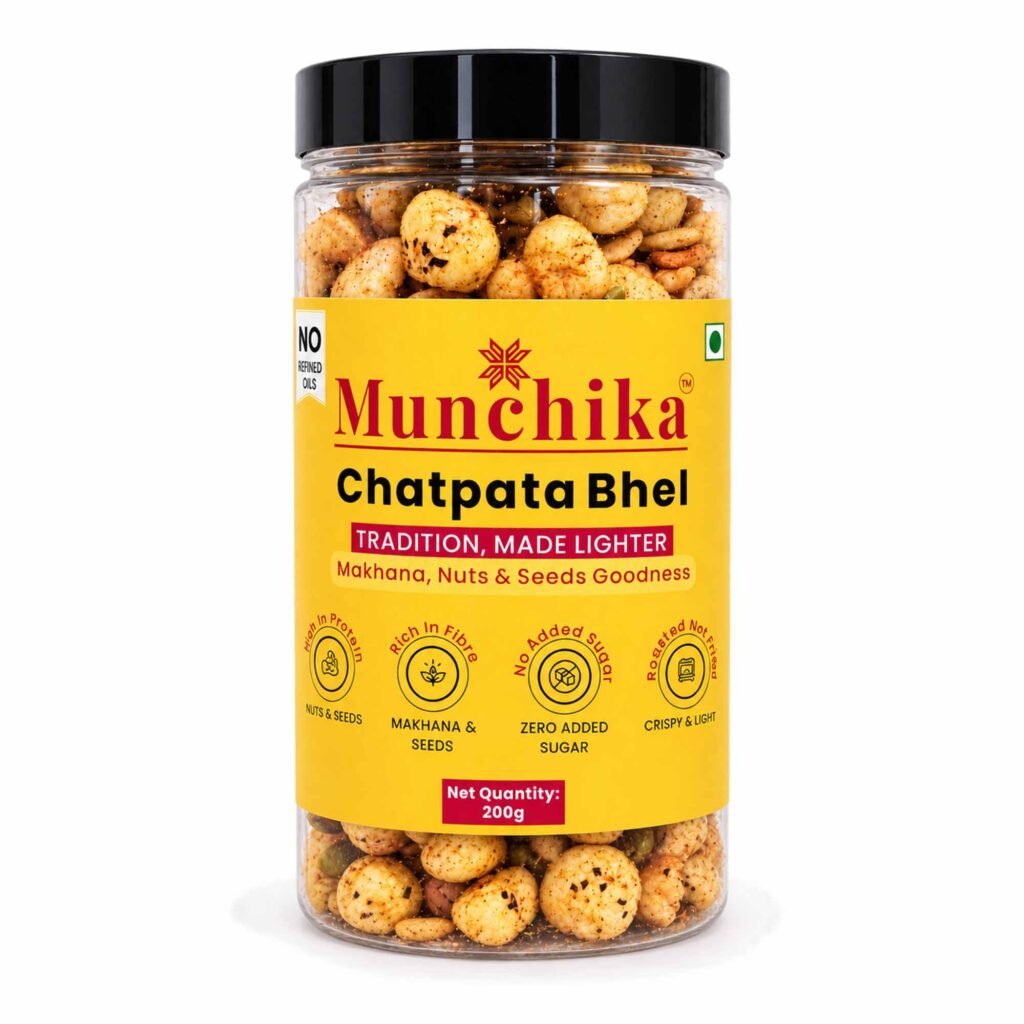 Munchika Chatpata Bhel | Crunchy Makhana, Nuts & Seeds | Roasted Indian Snack | No Added Sugar | 200g