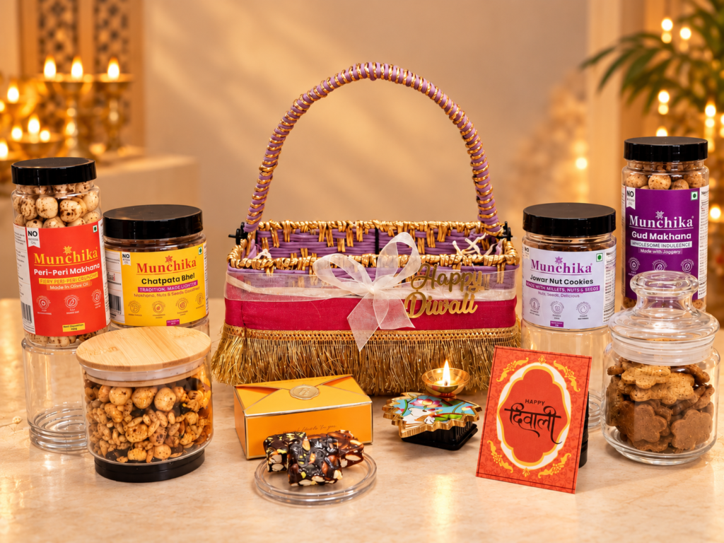 Munchika Shagun Vaibhav Diwali Gift Hamper in Jute Basket with Chatpata Bhel, Jowar Cookies, Peri Peri Makhana, Gud Makhana, Date Bites & Decorative Diya