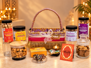 Munchika Shagun Vaibhav Diwali Gift Hamper in Jute Basket with Chatpata Bhel, Jowar Cookies, Peri Peri Makhana, Gud Makhana, Date Bites & Decorative Diya