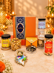 Munchika Utsav Anand Diwali Gift Hamper with Chatpata Bhel, Jowar Cookies, Peri Peri Makhana, Date Bites & Decorative Diya