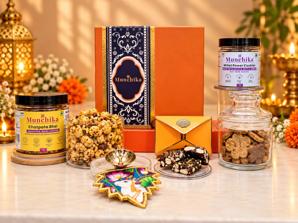 Munchika Utsav Shubh Diwali Gift Hamper with Chatpata Bhel, Jowar Cookies, Date Bites & Decorative Diya